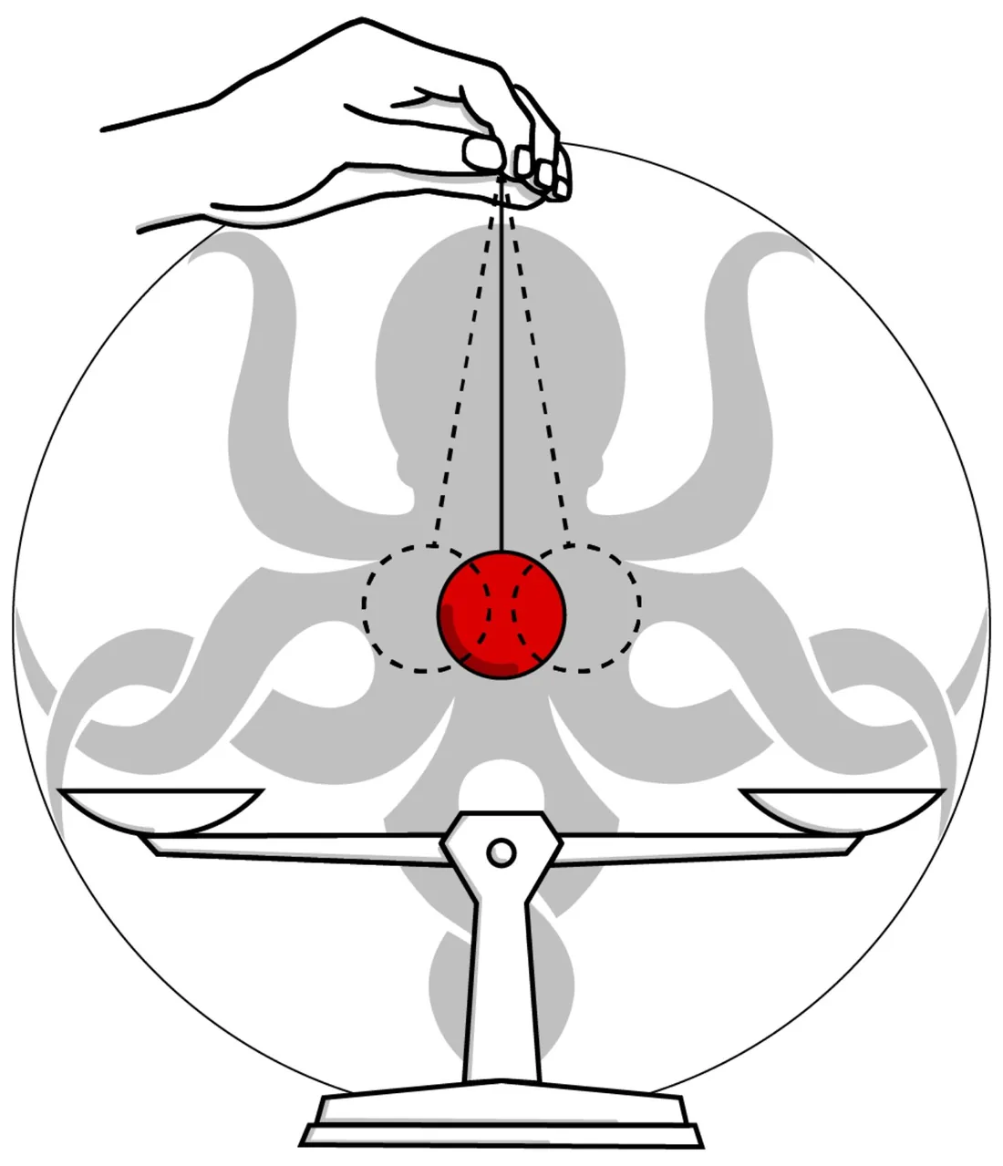 The emblem of Equiconscism: a hand holding a pendulum above a pair of scales, an octopus, and a circle—drawing by Lars Hoop